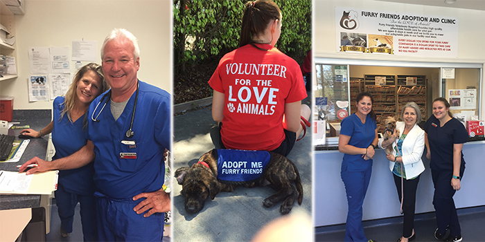 Furry Friends full-service veterinary clinic is completely open to the public as well not just to service their adoptable animals Volunteers help promote Furry Friends advocacy for pet adoption Furry friends staff members see off yet another happy customer 