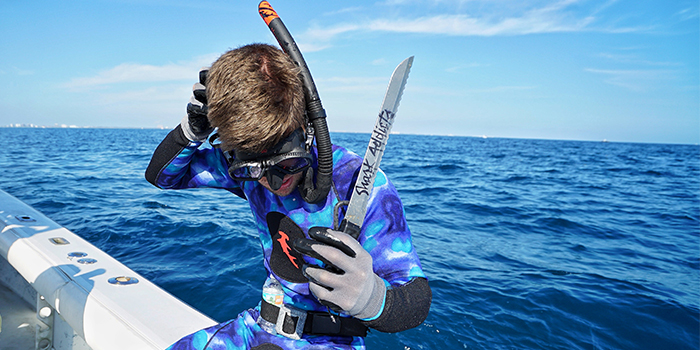 CHUM DUTY Prior to their dives The Shark Addicts chop up fresh fish and safely release it into the water using a crate to lure the sharks to the boat